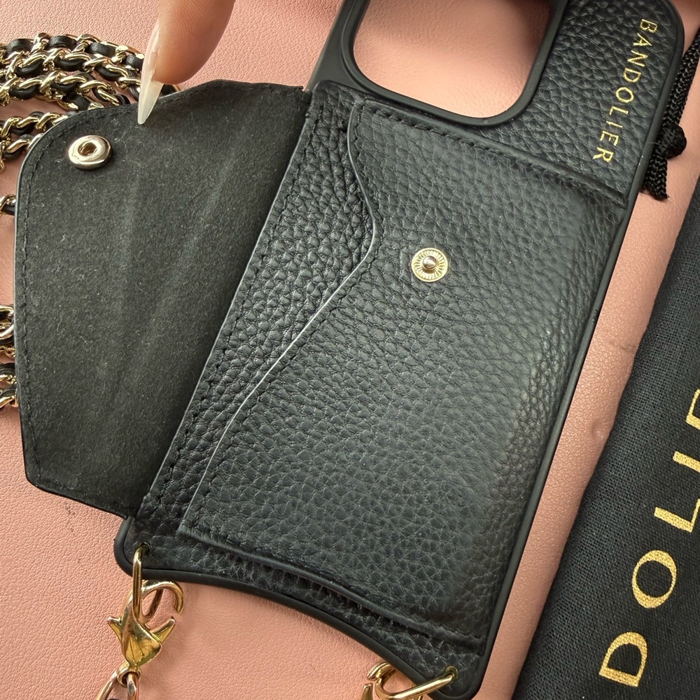Bandolier Black Leather Phone/Wallet Case with Gold Chain - IPhone 16 Pro - Picture 5 of 8